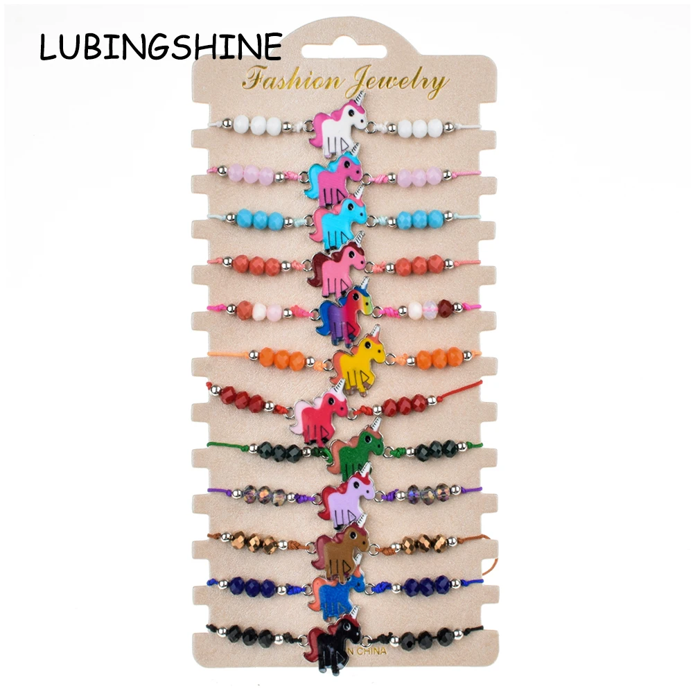 

Bohemian 12pcs/lot Unicorn Animal Charms Braided Bracelet for Women Child Crystal Bead Adjustable Rope Chain Yoga Anklet Jewelry
