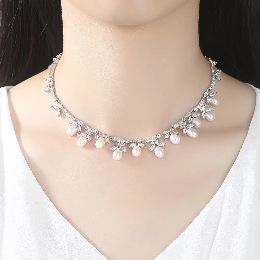 LUOTEEMI couleur argent collier de perles d'eau douce collier ras du cou bijoux de mariage ensembles accessoires réglage Invisible CZ pour Valentin - 2