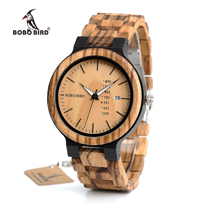 BOBO BIRD Antique Mens Zebra and Ebony Wood Watches with Date and Week Display Business Watch in Wooden Gift Box BOBO BIRD Antique Mens Zebra and Ebony Wood Watches with Date and Week Display Business Watch in Wooden Gift Box