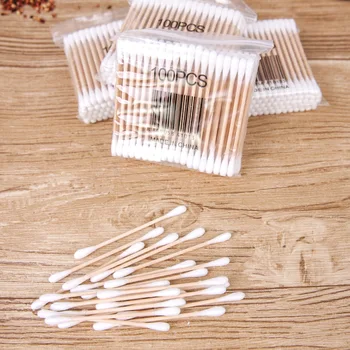 

ZD Wood Stick Cotton Swab Maquiagem Double Cotton Head Makeup Tools For Cosmetics Mascara Ear Buds Nose Clean 100Pcs/Bag CO812