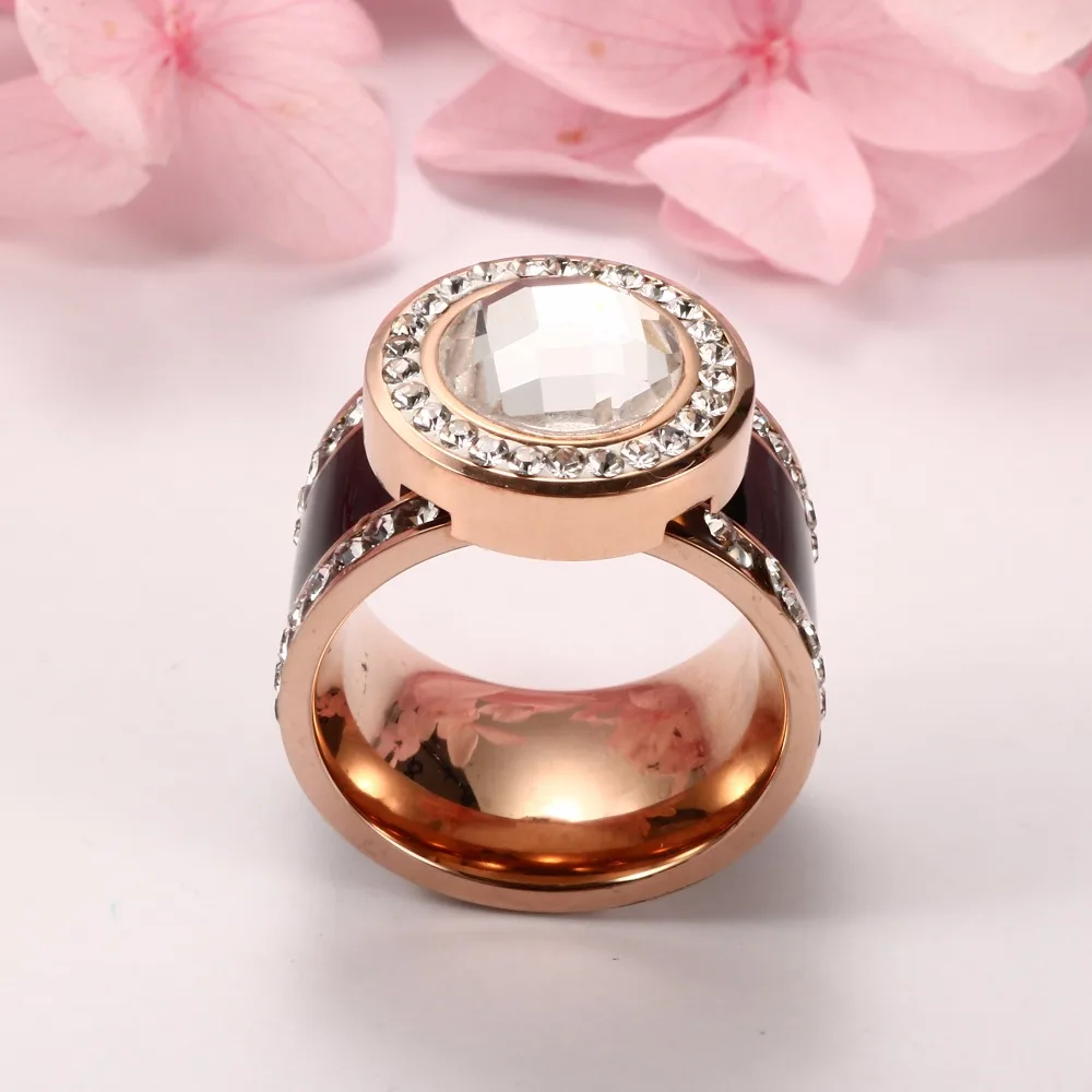 Модные женские кольца с кристаллами, обручальные кольца черного цвета, кольца из нержавеющей стали, розовое золото, CZ свадебные кольца для женщин, ювелирные изделия