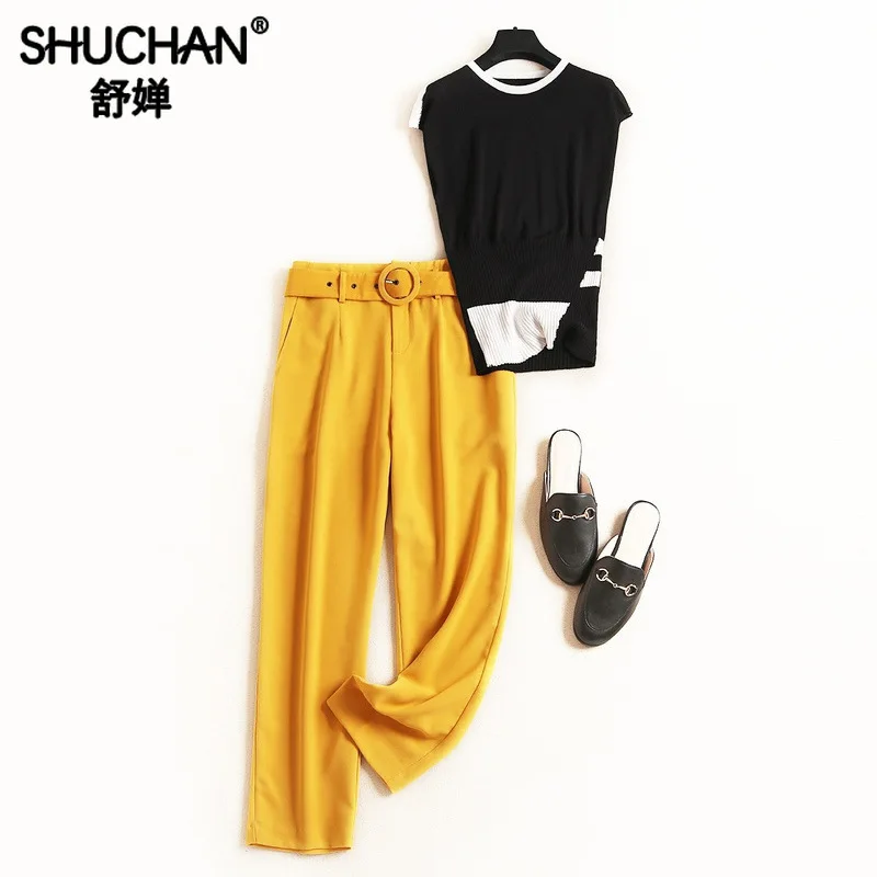 

Shuchan 2019 Designer 2 Pieces Set Knitted Geometric Tank Tops+Ankle-Length Pants 2 Piece Outfits for Summer Women's Suits 51647