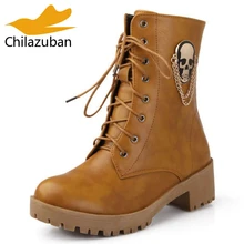 Tamanho 34-40 Chilazuban Med Salto Sapatos de Inverno Moda Feminina Curto Botas de Inverno Para As Mulheres de Metal Decoração de Pelúcia Quente bota Feminina