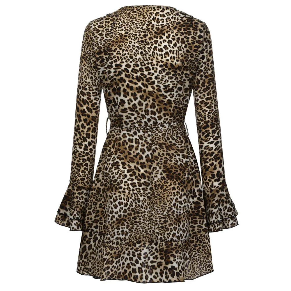 JAYCOSIN, женское сексуальное платье с v-образным вырезом и леопардовым принтом, осень-весна, с длинным рукавом, с оборками, с расклешенными рукавами, вечерние мини-платья vestidos