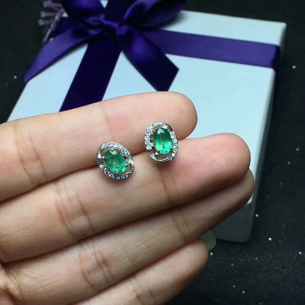 

natural green emerald gem stud earrings Natural gemstone earrings Elegant small round S925 silver girl women earrings jewelry