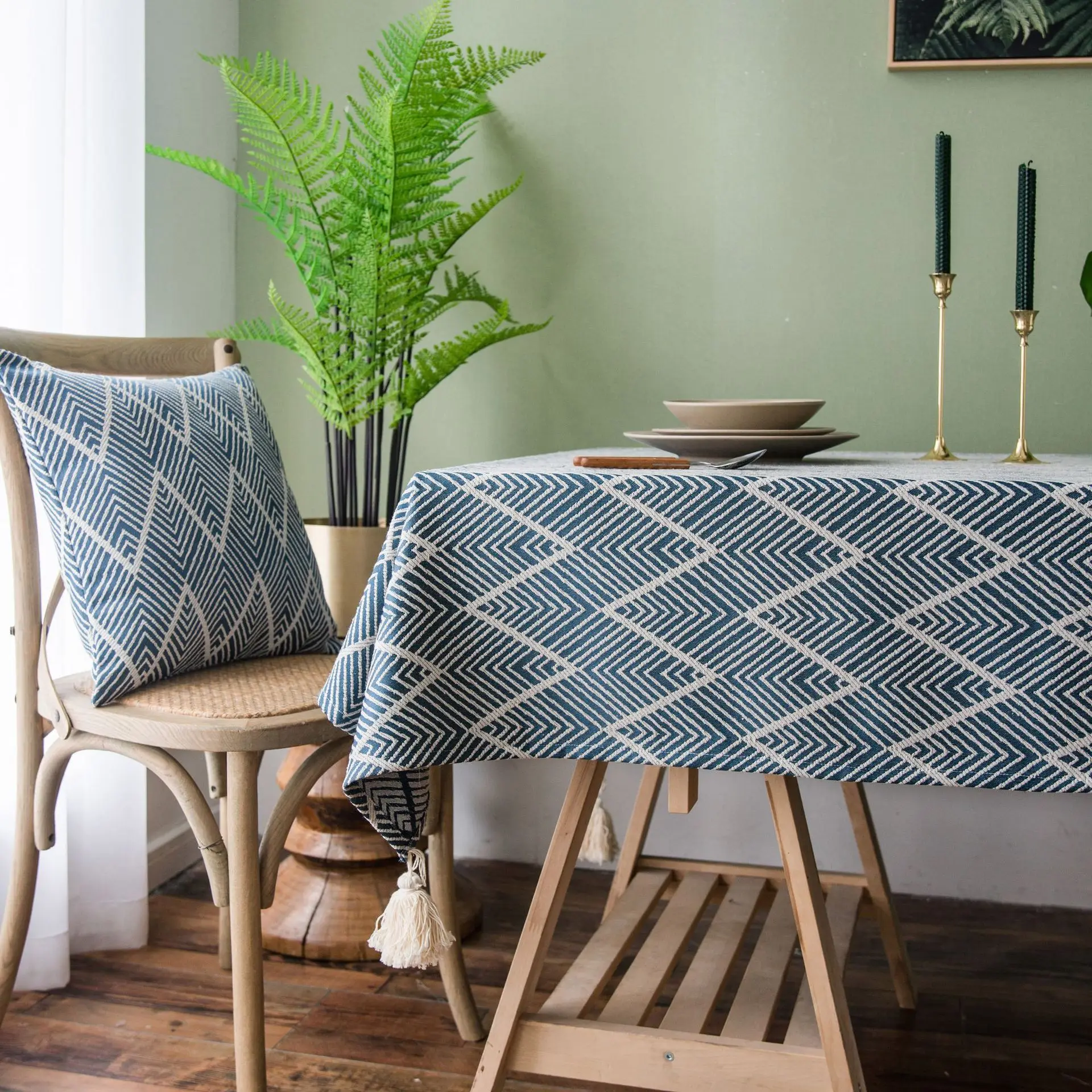 

Tibetan Blue Waterproof Jacquard Tablecloth Tri-color tasseled Tablecloth American Rural Household Table and Tea Table