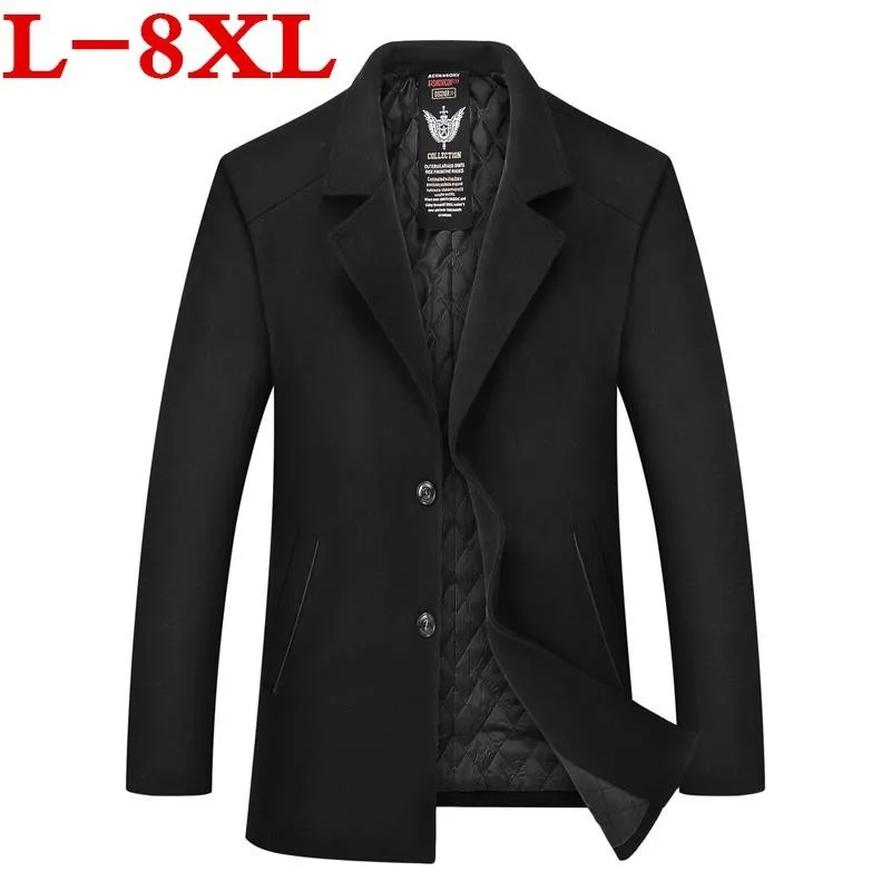 plus size Men's Solid Color Wool Coat Long Coats Jackets Slim Fit Male
