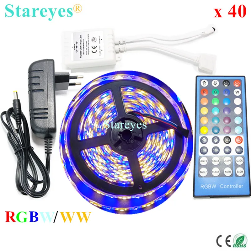 

40 Sets RGBW RGBWW SMD 5050 5M Waterproof LED Strip flashlight RGB + White Tape + 40 key Remoter Controller +3A Power Adapter