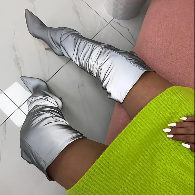 

Perixir Khloe Reflective Ruched Thigh High Boots Pointed Toe 11 cm Fashion Knee Boots Solid Winter Over-the-knee Boots