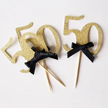 С изображением пирожного на день рожденья топперы, 50-й кекс toppers с бантом, день рождения, блестящие украшения, пользовательские номера дня рождения