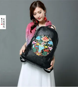 

2019 new national Women Backpacks Genuine leather female shoulder bag large capacity embroidered oversized travel bag backpack