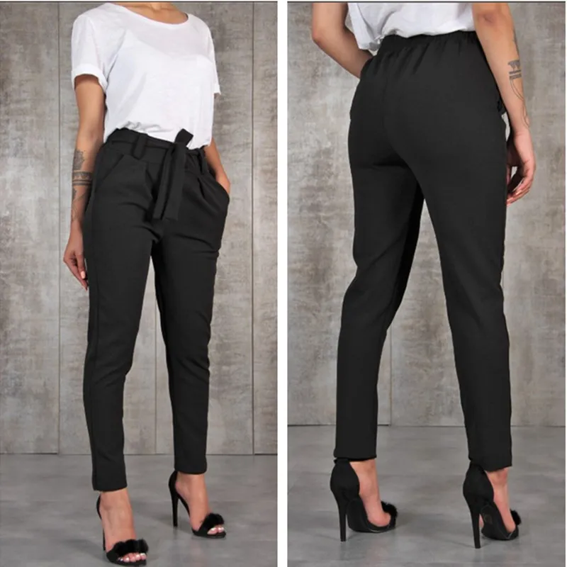 

Casual Slim Chiffon Thin Pants For Women High Waist Black Khaki Green Pants Waist Casual pants + belt