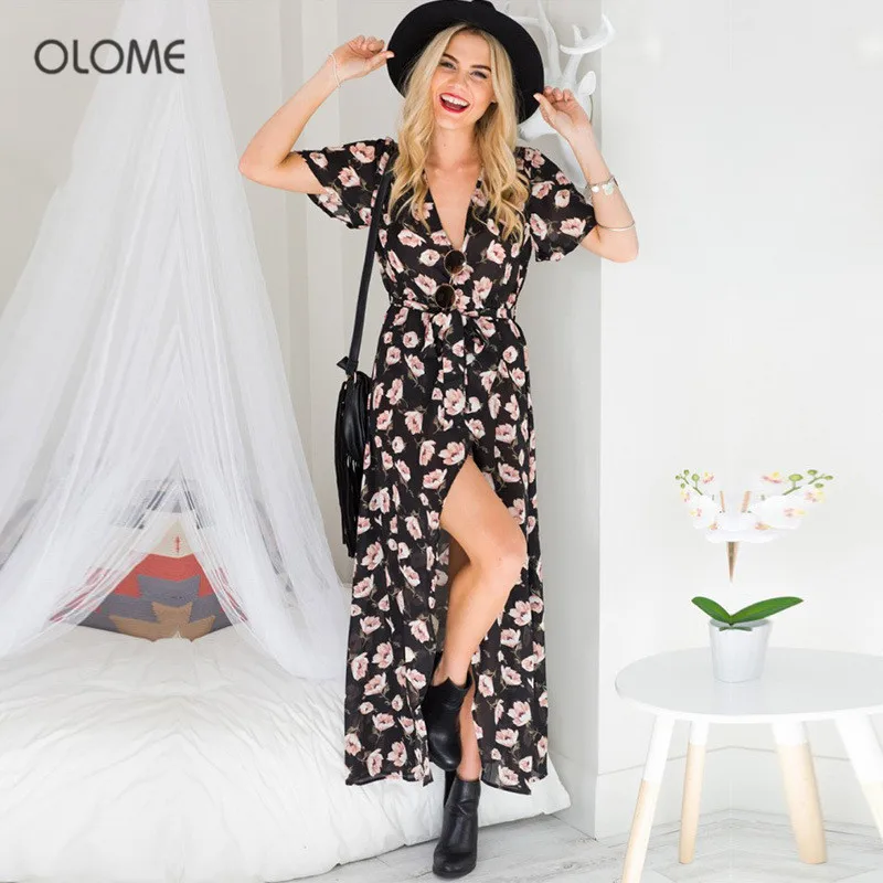 OLOME 2019 новое летнее шифоновое платье с цветочным рисунком Для женщин элегантные модные ретро v образным вырезом Разделение Макси пикантные вечерние платье Для женщин одежда Vestidos купить на AliExpress