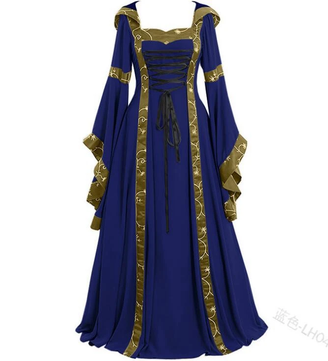 Средневековое платье Ренессанса Готический женский стиль корта с длинным рукавом и капюшоном халат костюм для женщин - Цвет: Синий