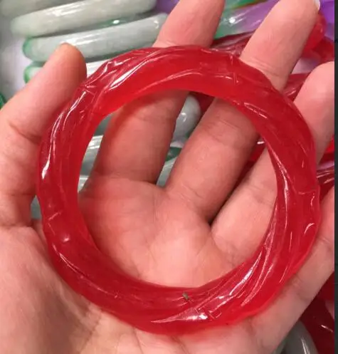 

Free Shipping fine jewelry Beautiful Real Natural Jade Jadeite Twist thread red Bangle Round bar Bracelet