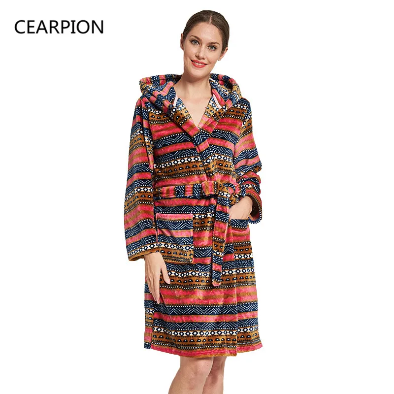 

CEARPION Women Winter Bathrobe Gown Flannel Thick Kimono Warm Long Sleeve Sleepwear Robe Hooded Nightgown Casual Home Lounge