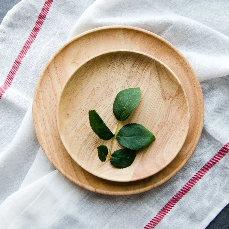 Round Wooden Plates Large Small Wood Serving Tray Tea Plate Wood Dessert Cake Dishes Salad Plate Wood Kitchen Utensils Tableware (4)