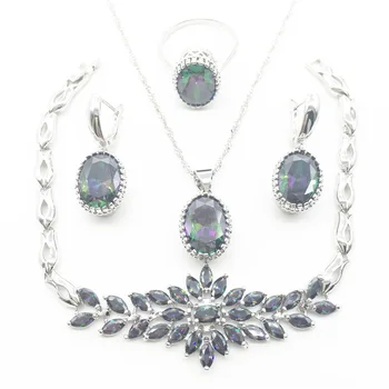 

4PCS 925 Silver Necklace Pendant Earrings Rings bracelet Rainbow Jewelry Sets Free shipping