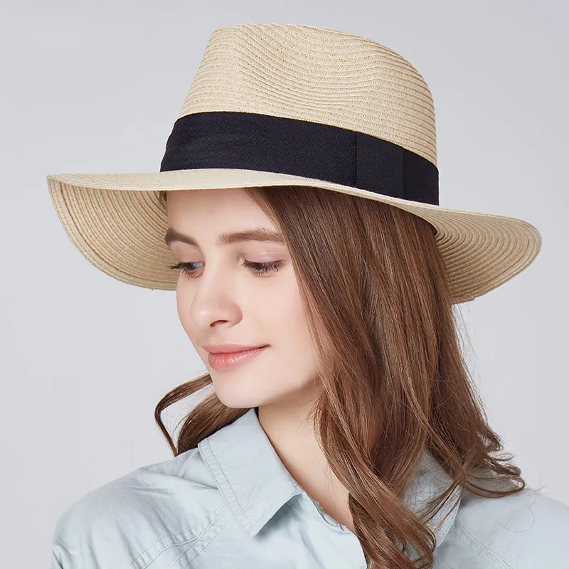 Ladies Beach Hat Wide Brim Straw Panama Roll up Hats Sea Sun Caps Golf pxg Summer Female Jazz Visor Cap Outdoor Camping Vacation (12)