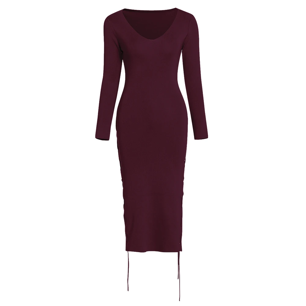 

long dress women elegant V neck long sleeve lace up knitted dresses red pink mid-calf bodycon casual bandage winter dress