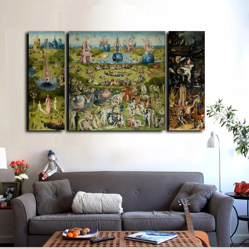 Günstige 3 Stücke Leinwand Wandkunst Hieronymus Bosch Berühmte Öl malerei Garten von Irdischen Köstlichkeiten Drucke Auf Leinwand Home Decor