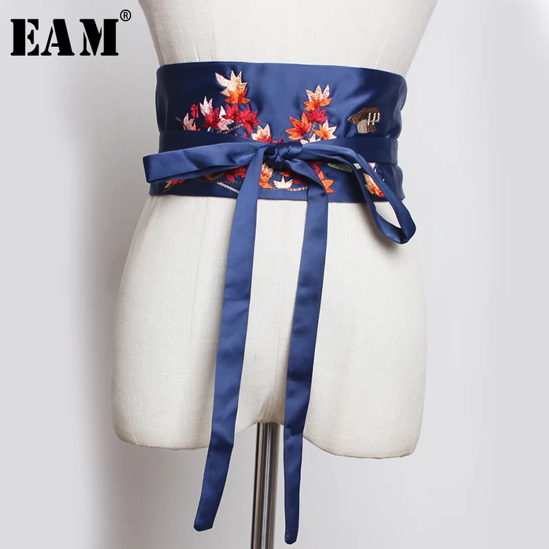 

[EAM] 2019 New Spring Summer Embroidery Split Joint Bandage Bow Personality Long Wide Belt Women Fashion Tide All-match JW197