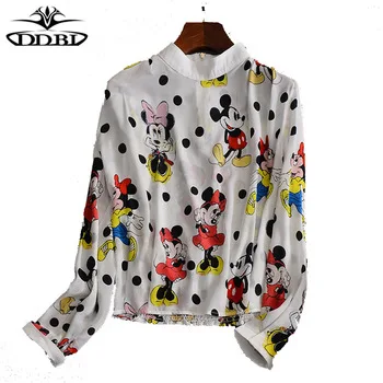 crew neck long sleeves cartton mouses print blouse 2017 summer new white and blue printed blouses top runway 170420