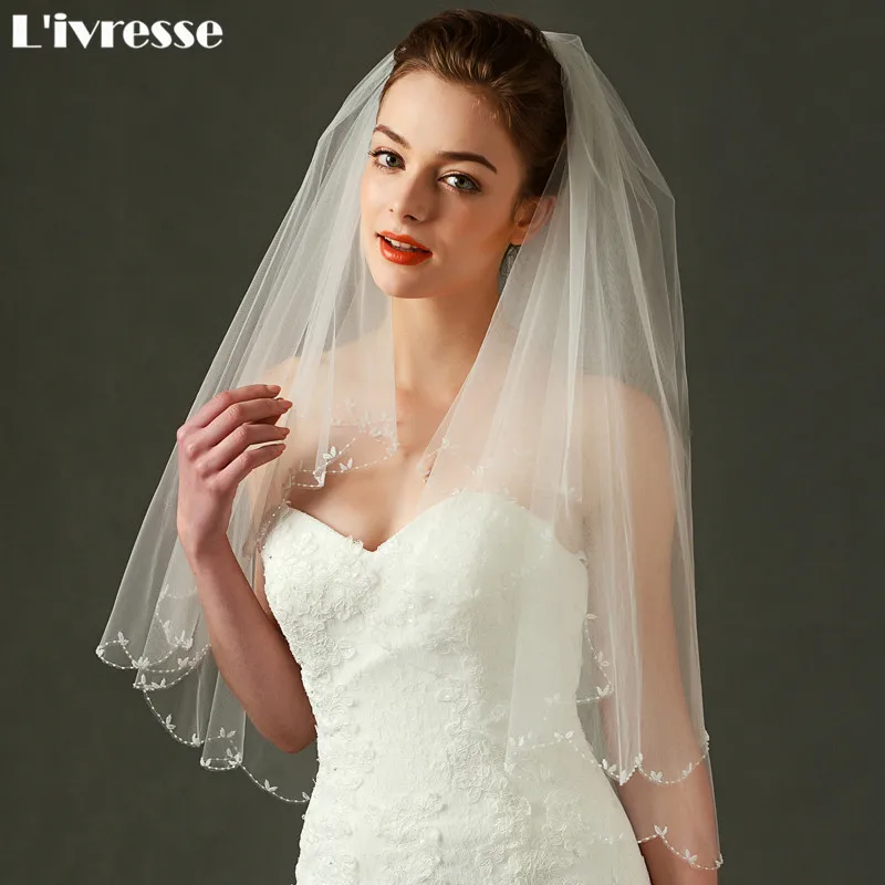 2 Layers Short Wedding Bridal Veil With Comb Beaded Edge Bridal Veil