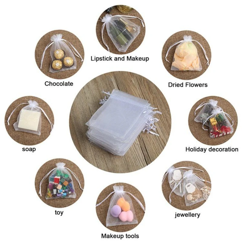 White 100pcs Organza Bag 7x9 9x12 13x18 15x20CM Drawstring Bags Jewelry Packaging Bags Candy Party Wedding Favor Gift Bags (5)