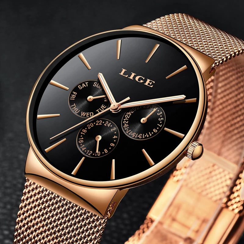 

LIGE Men's Watches New Luxury Brand Watch Men Fashion Sports Quartz Qatch Stainless Steel Mesh Strap Ultra Thin Dial Analog Watc