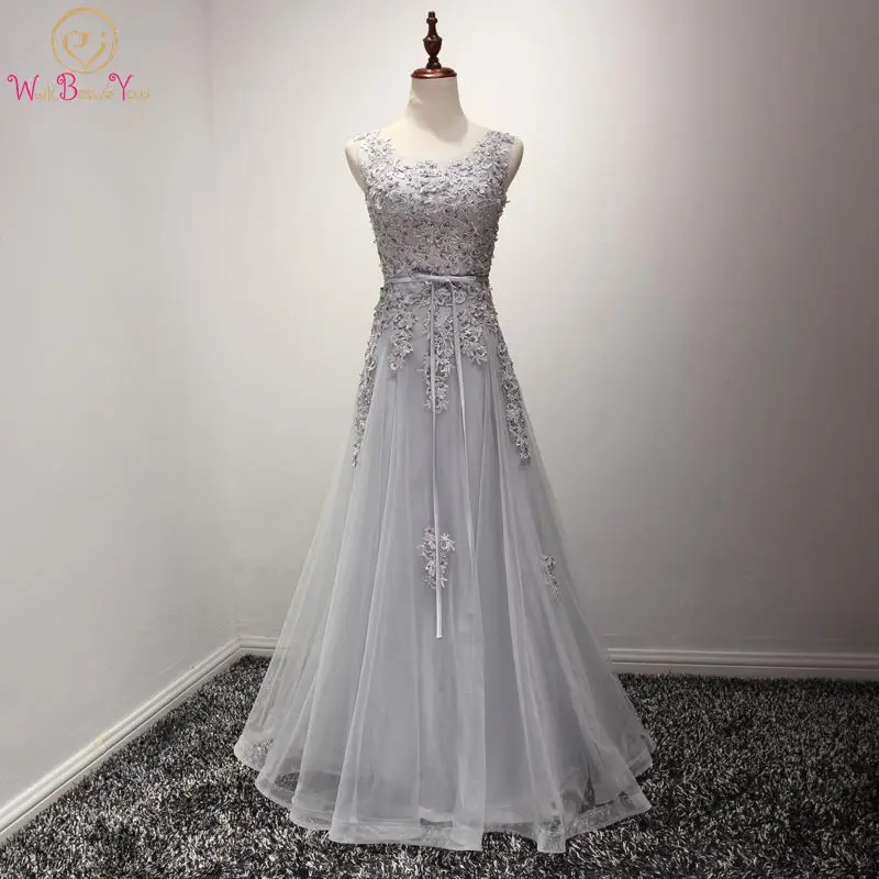 

Walk Beside You Prom Dresses Long Gray Lace Applique Beaded Evening Gowns 2018 Floor Length Graduation Dress Formal Dress Women