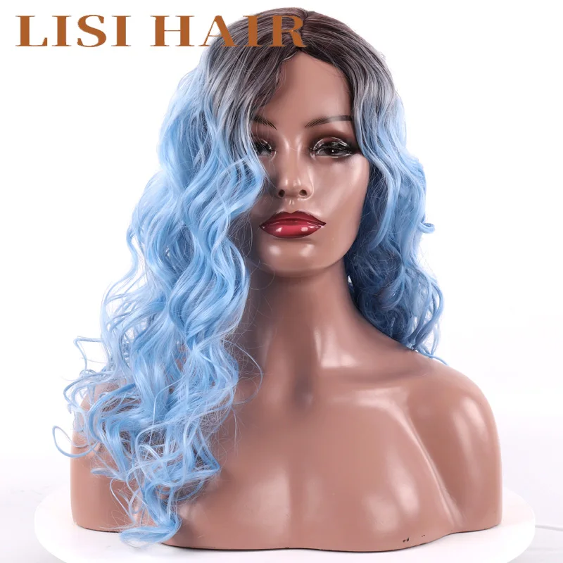 

LISI HAIR 21-inch Large Wave Blue Hair Wig Ombre Color Mixed Wig Female Daily High Temperature Fiber Adjustable Size