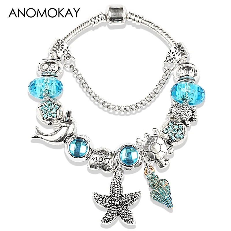 

2019 New Arrival Ocean Animal Pan Charm Bracelet Antique Silver Starfish Dolphins Turtle Cusual Diy Bead Bracelet Bangle