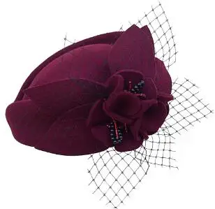 Lawliet Женская Вуалетка Pillbox фетровая шерстяная шляпа торжественное платье Цветочная вуаль шляпа для коктейльных вечерние A131 - Цвет: Burgundy
