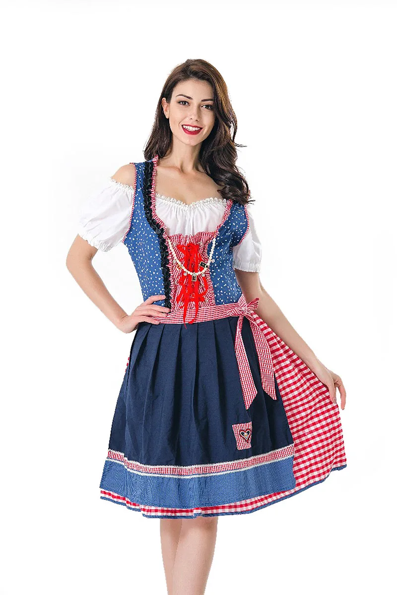 Взрослых для женщин Октоберфест платье костюм Необычные Wench Dirndl пособия по немецкому языку Бавария карнавальный синий плед с открытыми