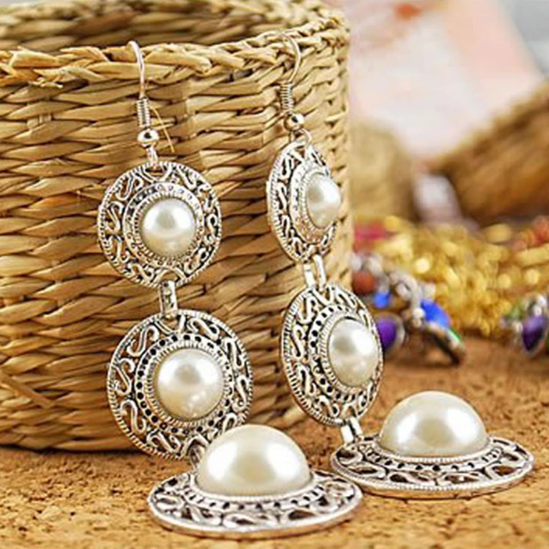 E0389 винтажные жемчужные серьги-капельки для женщин древнего серебряного цвета Длинная подвеска и серьги-подвески массивные ювелирные изделия для ушей изысканный подарок