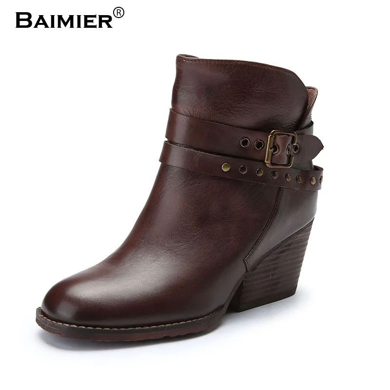 

Fashion Women Martin Boots Vintage Autumn Thick Sole High Heels Real Leather Shoes Winter Woman Buckle Ankle Boot Botas Feminino