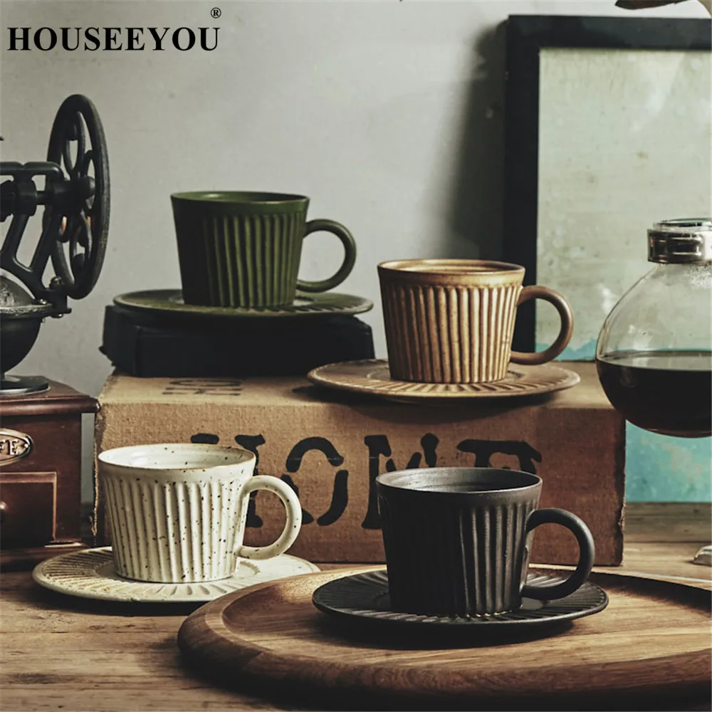 

HOUSEEYOU Japanese Style Handmade Pottery Coffee Cup Teacup Saucer Set Creative Ceramic Cup Advanced Porcelain Afternoon Tea Cup