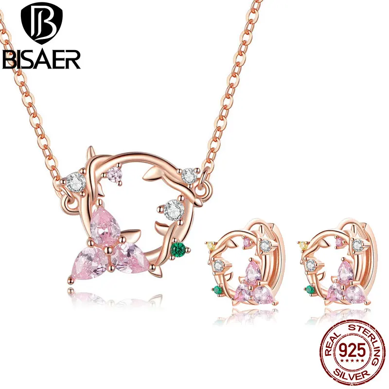 

BISAER Blooming 925 Sterling Silver Cherry Flower Necklaces Small Earrings Jewelry Sets for Women Luxury Jewelry