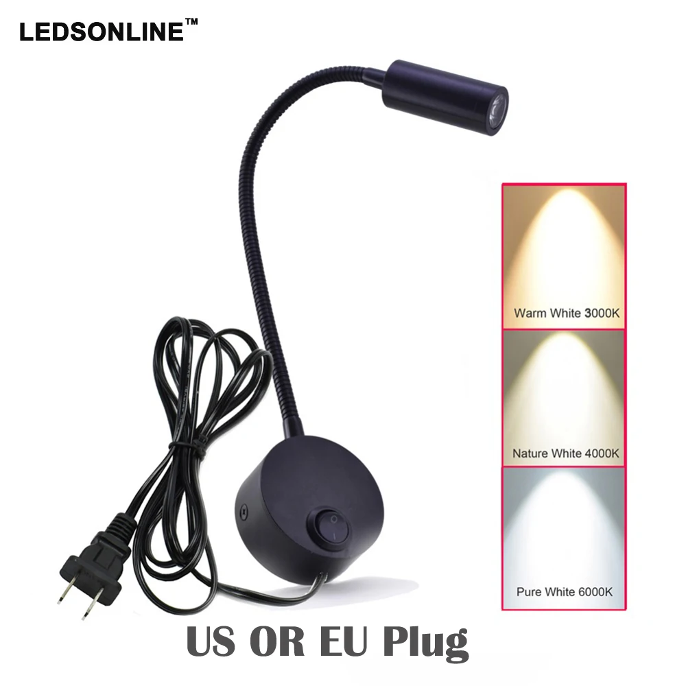 Wall light Silver Black LED Modern Wall Lamp with plug 3W 270lm Flexible Arm Bedside Reading