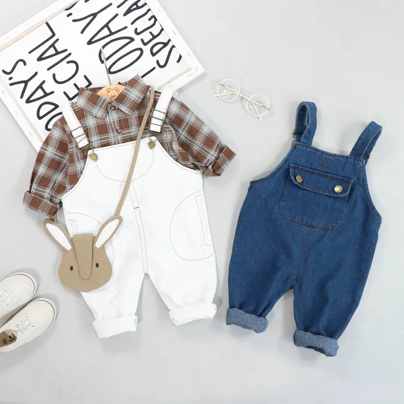 

New Autumn Baby Girls Boys Clothing Sets Infant Clothes Suits Lapel Plaid Shirt Bib Pants Kids Children Costume Kids Suit