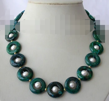 

Free shipping big 22mm round coin green Malachite white freshwater pearl necklace