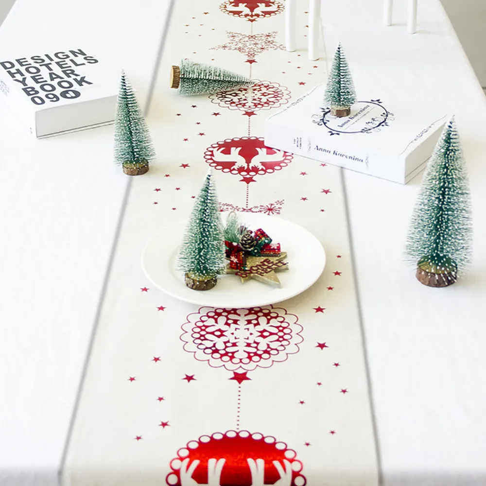  1Pc Christmas Linen Tablecloth Christmas Flag Home Party Decorative Elk Tapestry Red Table Runners 