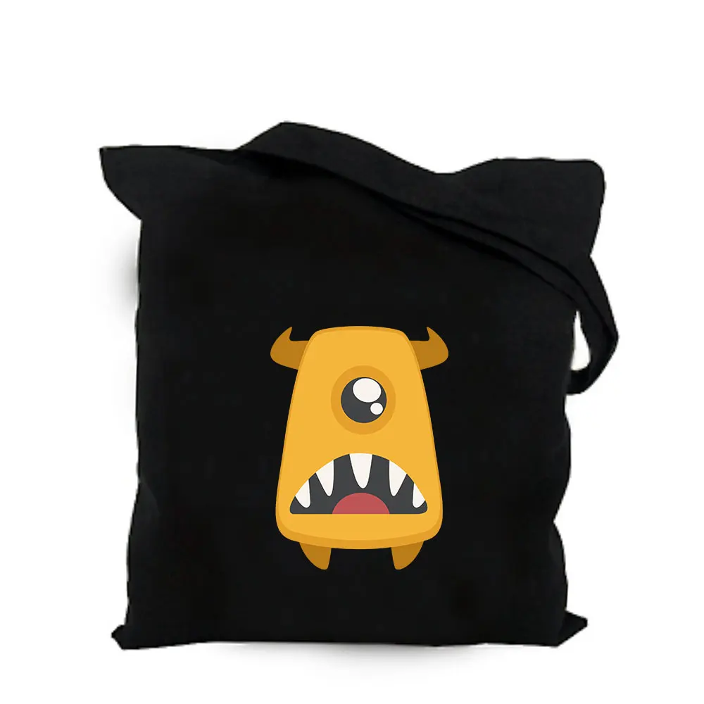2019 cute space alien black cotton canvas bag customized kawaii girl tote bag custom shopping bags with logo for men or women  (2)