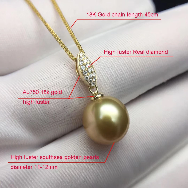 Sinya 12mm southsea golden pearl pendant inlay Real high luster diamonds 18K Au750 fine jewelry necklace for women ladies Hot (2)