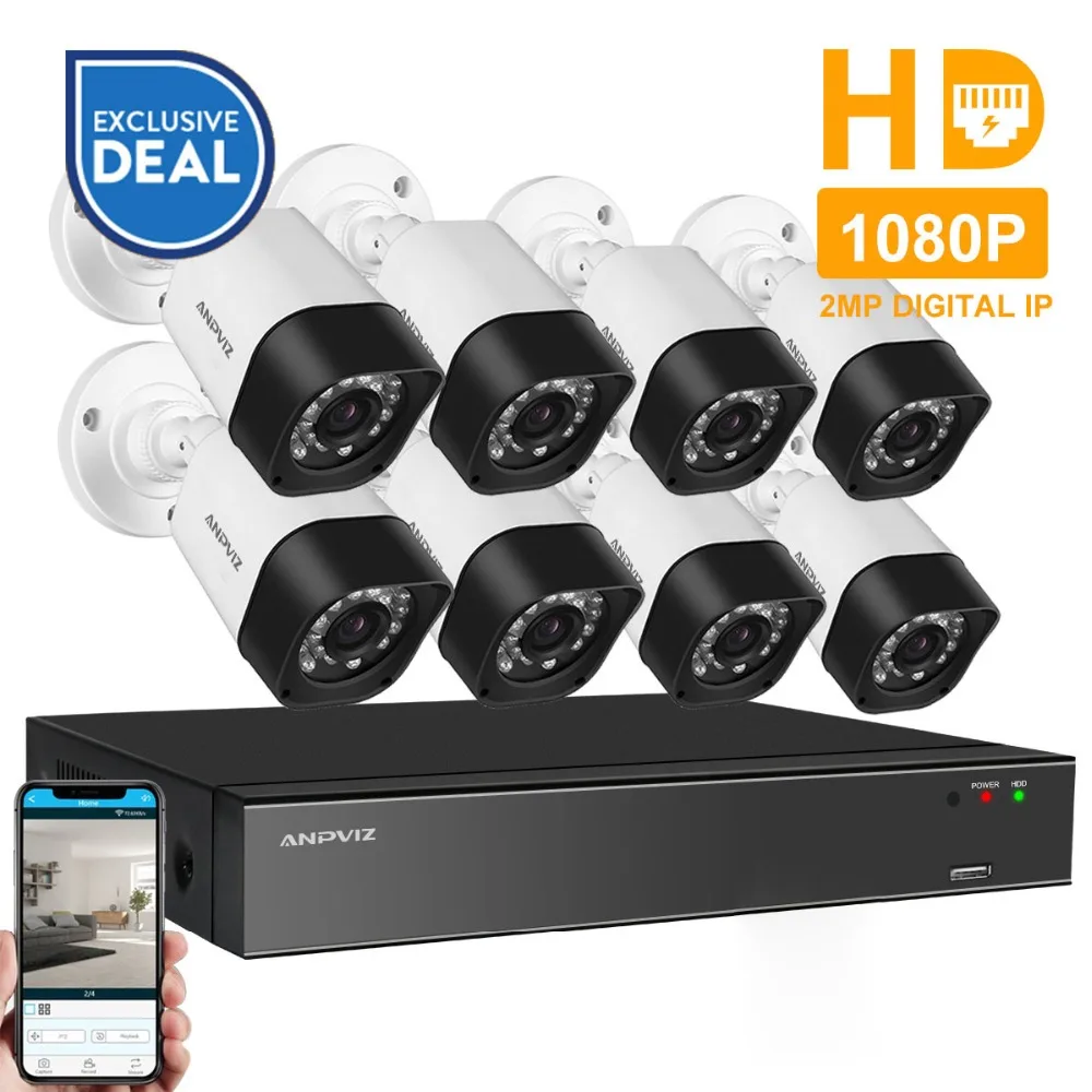 

Anpviz 8CH CCTV System H.265 1080P PoE NVR KIT 8Pcs 2MP Bullet IP Camera HDD Optional Outdoor Night Vision Security System