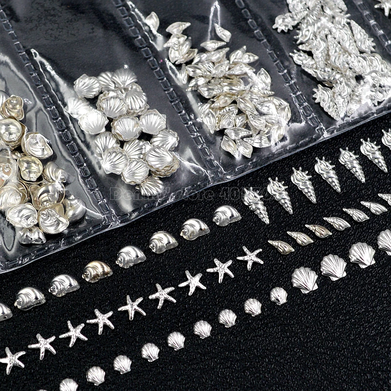 1 Pack Mix Shapes 3D Silver Beautiful Sea Starfish Shell Conch Snail Metal Studs Nail Art Gems Decorations DIY Salon 25#