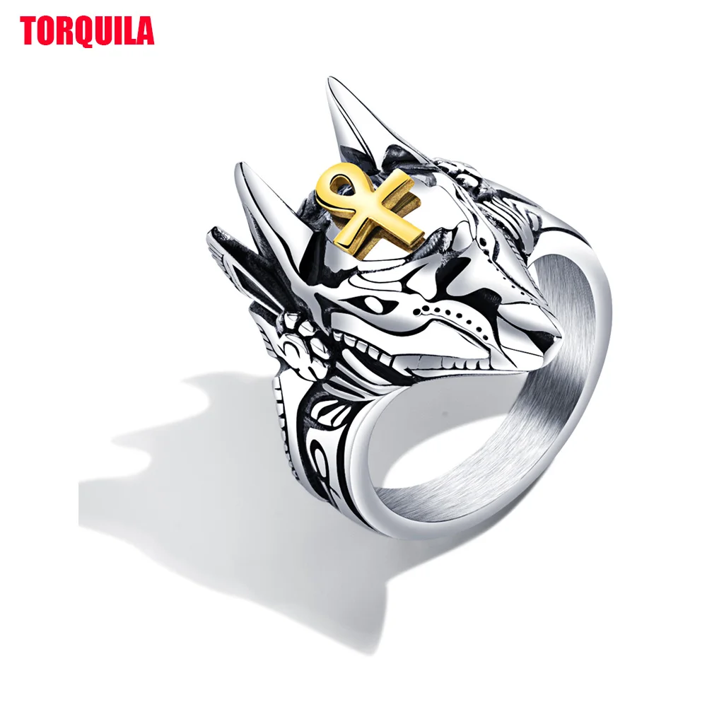 

TORQUILA Ring For Men Stainless Steel Anubis Egyptian Cross Design Animal Finger Ring Cool Jewelry Male Gift