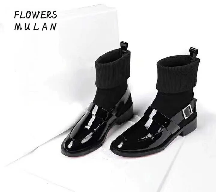 

Chaussons Femmes 2018 New Patchwork Black Patent Leather Stretch Fabric Ankle Boots Women Round Toe Low Chunky Heel Slip On Shoe