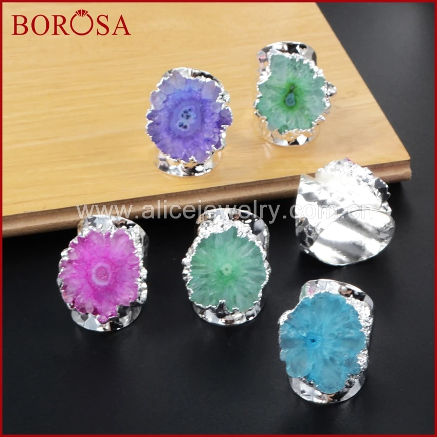 

BOROSA 1Piece Rainbow Silver Color Sun Flower Quartz Stone Ring Druzy Bang Rings, Flower Solar Quartz Band Ring Geode Ring S0308